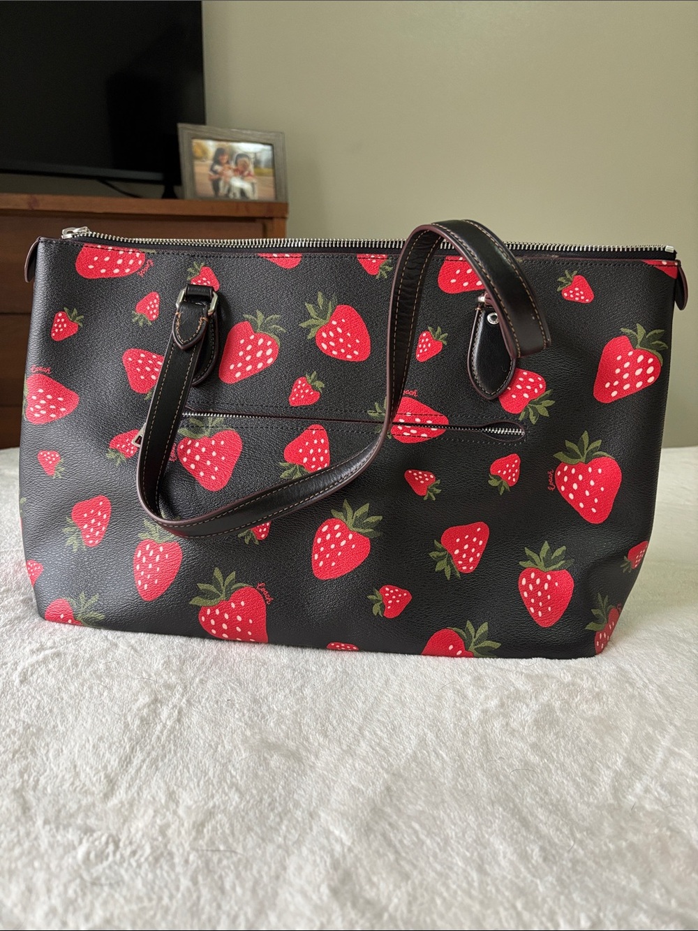 Coach Black Tote with Red Strawberry Print - Picture 2 of 3